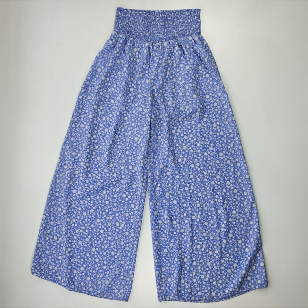 SIENNA SKY Blue White Floral Wide Leg Boho Palazzo Pants Elastic Waist Large